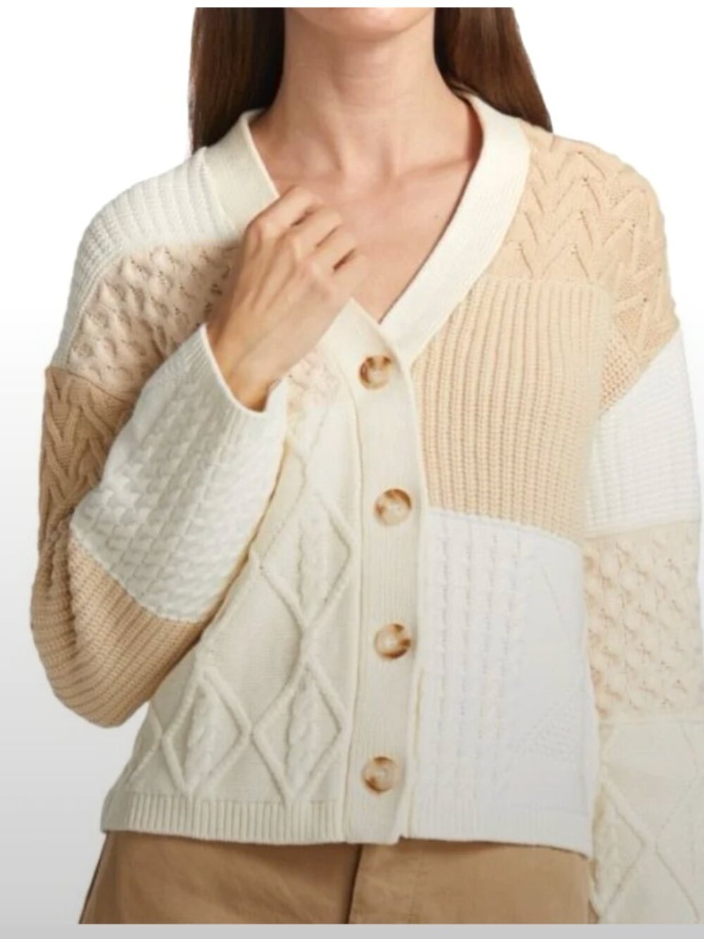 Rails Patchwork Cable Knit Cardigan in Cream and Beige